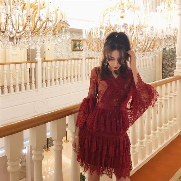 Self-Portrait size 2 red lace midi dress - Picture 3 of 16